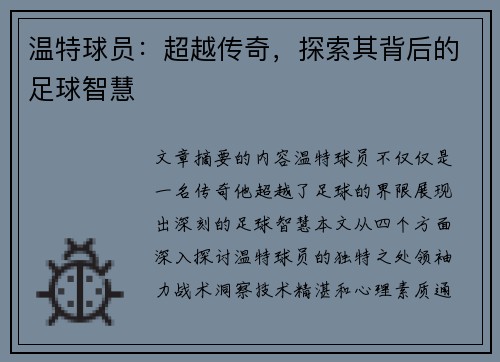 温特球员：超越传奇，探索其背后的足球智慧